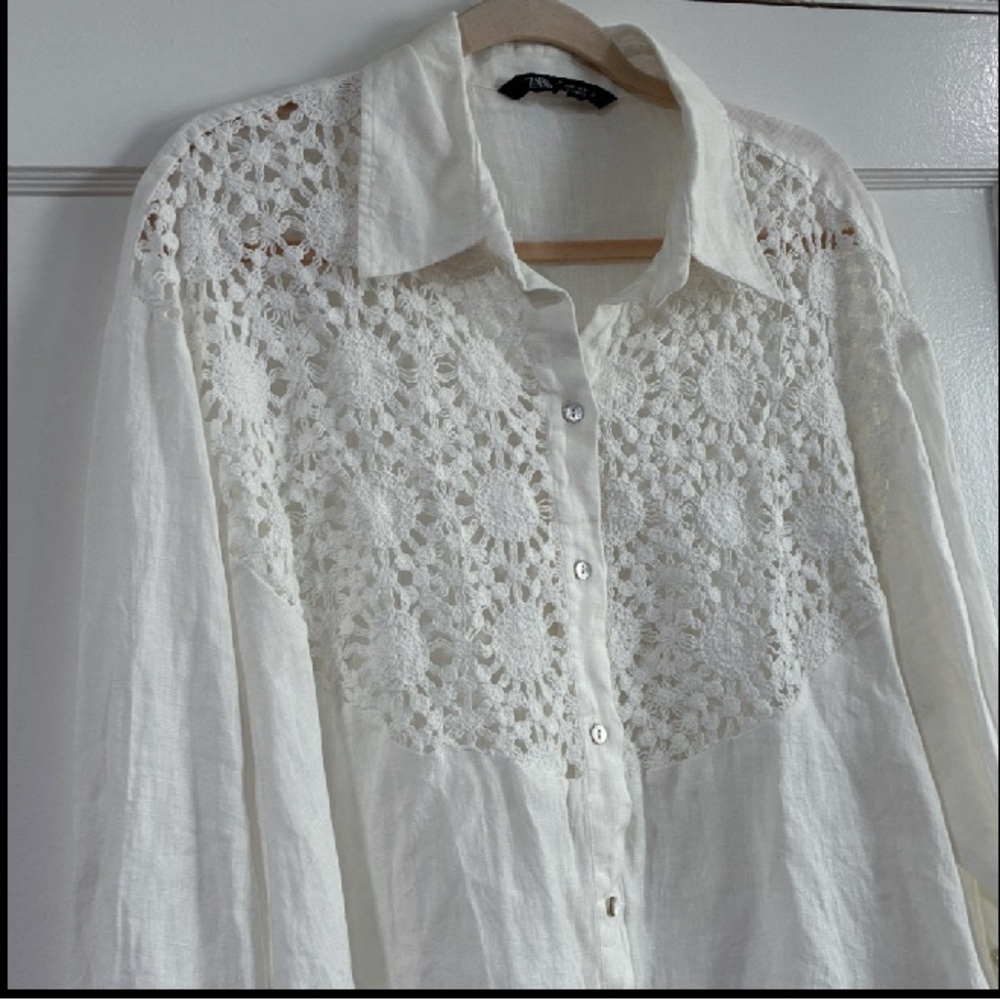 Zara Linen Crochet Button Down Shirt (L -XL)